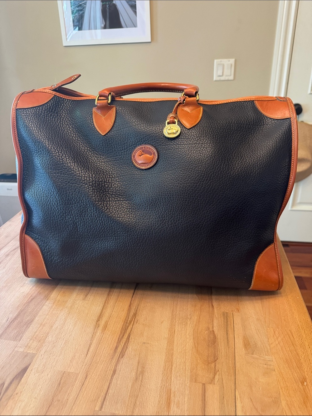 Dooney & Bourke Navy and Tan Gladstone Pebbled Leather Travel Weekender